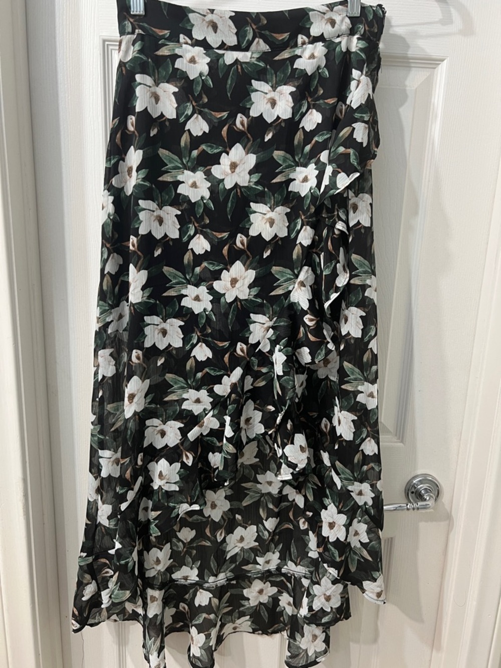 Blue Rain Black Floral Midi Hi-Low Skirt with White Blooms